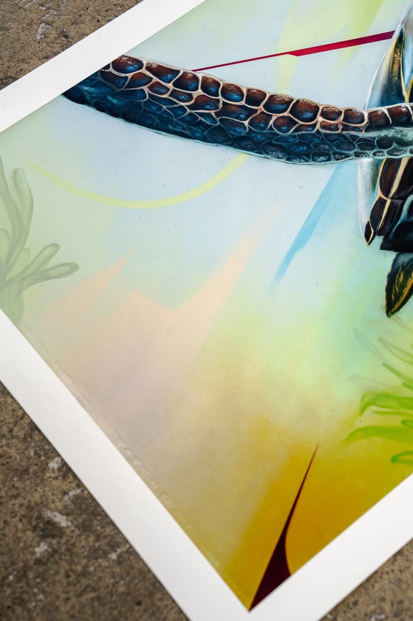 Detailaufnahme eines hochwertigen Kunstdrucks von Stone Graffiti. Zu sehen ist der linke Flossenansatz einer realistisch dargestellten Meeresschildkröte, deren Panzerstruktur mit feinen Schattierungen und Farbübergängen herausgearbeitet ist. Der Hintergrund besteht aus weichen Pastelltönen in Blau, Grün und Gelb mit grafischen Akzenten und abstrakten Elementen. Der weiße Rand des Drucks hebt das Motiv elegant hervor und sorgt für eine hochwertige Präsentation.
