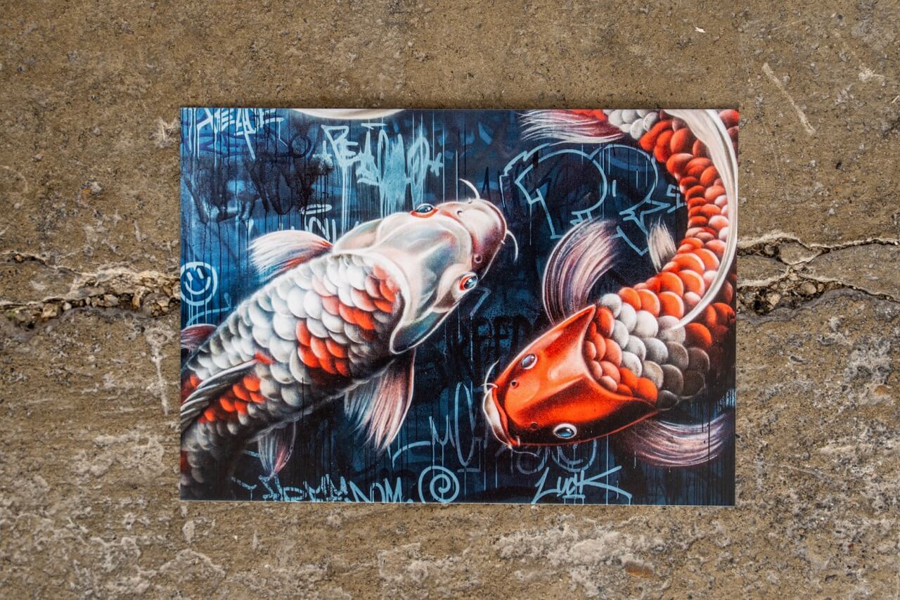 Zwei Koi-Karpfen, die sich umeinander drehen – fast wie Yin und Yang. Diese Postkarte vereint Streetstyle mit Symbolik für Ausgeglichenheit, Glück und Stärke. Die knalligen Farben und der urbane Hintergrund machen das Motiv zu einem echten Blickfang mit Tiefe.