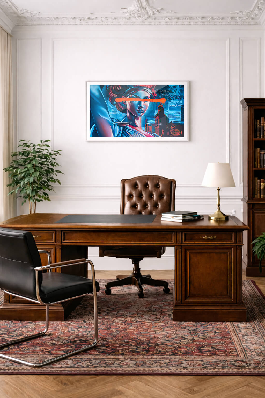 Justitia Wandbild hängt in einer Anwaltskanzlei modernes Büro Anwalt