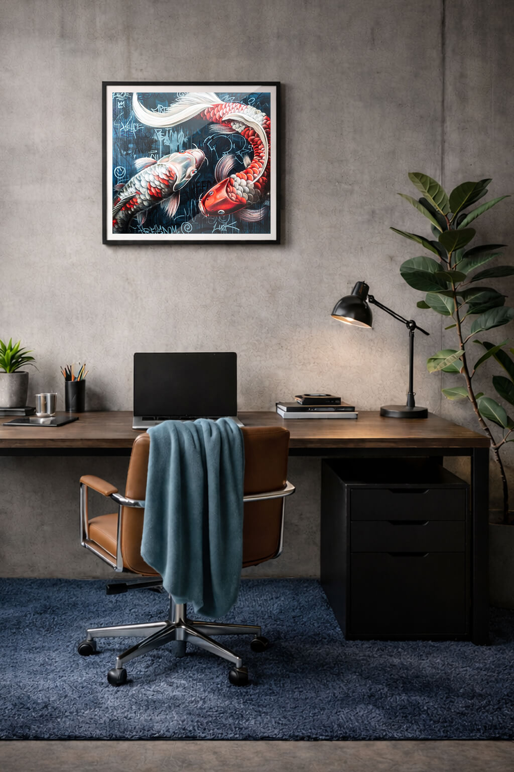 Kois Kunstdruck im modernen Wohnzimmer als Blickfang über dem Sofa