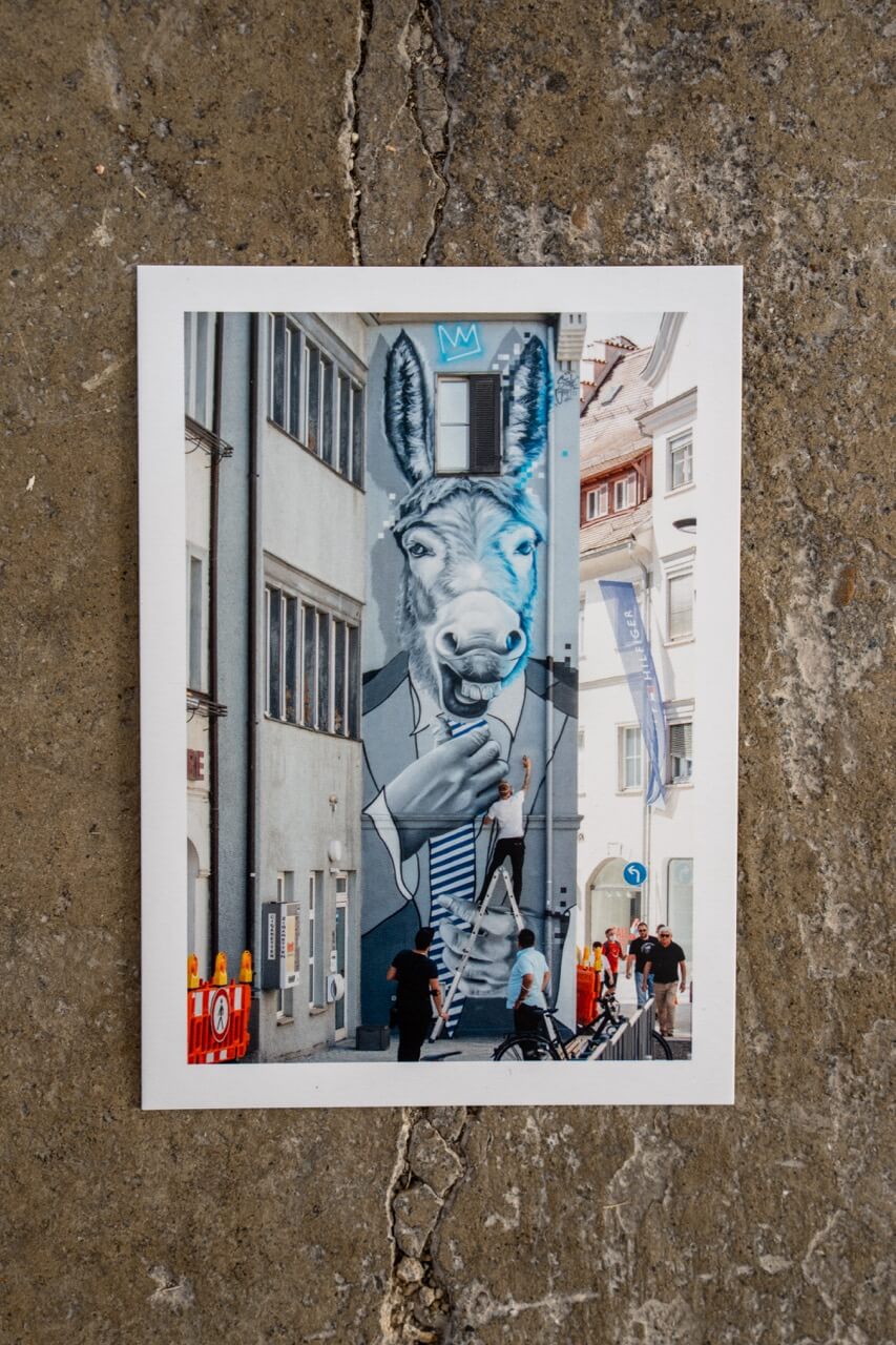 Postkarte mit Wandbild inmitten urbaner Architektur in Ravensburg: Ein Esel im Anzug, der sich seine Krawatte richtet