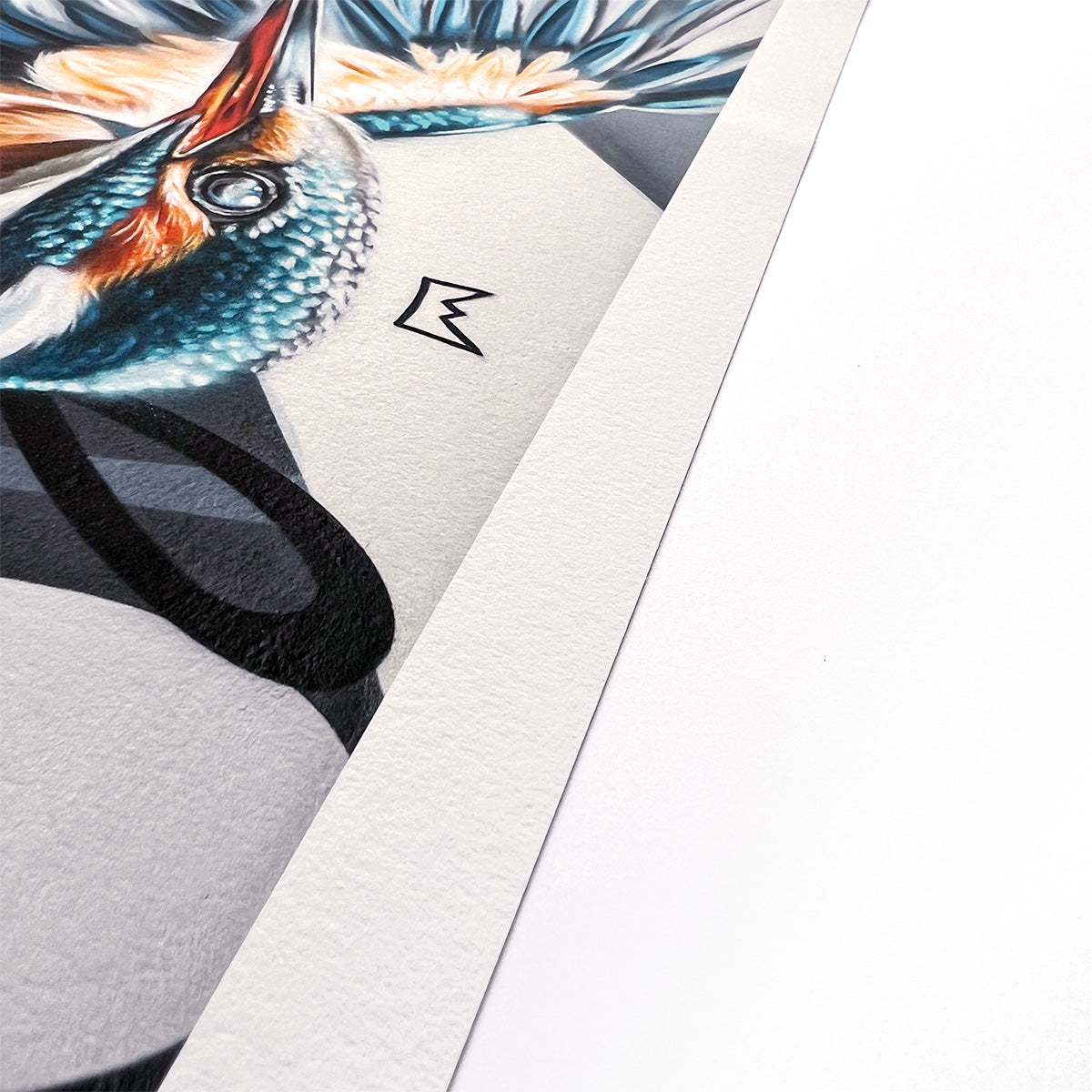 Diese Nahaufnahme eines Kunstdrucks zeigt die feine Struktur des hochwertigen Papiers sowie die intensiven Farben und Details des Eisvogels. Besonders hervor sticht das geprägte Künstlerzeichen, das dem Werk eine exklusive Note verleiht.