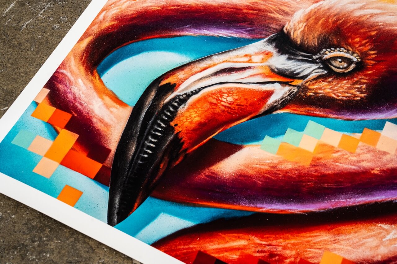 Detailaufnahme eines Graffiti-Kunstdrucks von Stone Graffiti. Das Motiv zeigt einen eindrucksvoll gemalten Flamingo mit realistischen Strukturen im Schnabel und fein ausgearbeiteten Federn in satten Orangetönen. Der Hintergrund kombiniert abstrakte, pixelartige Farbakzente in Blau, Orange und Grün, die dem Kunstwerk eine digitale Ästhetik verleihen. Der hochwertige Kunstdruck liegt auf einer rauen Betonoberfläche, was den urbanen Charakter des Werks unterstreicht.