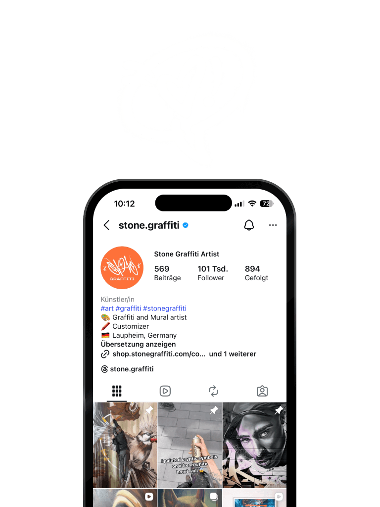 Stone Graffiti Instagram Feed mit 100.000 Followern zeigt Behind the 
Scenes Content von Graffiti Kunstwerken und Murals