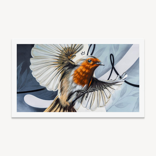 Das Bild zeigt ein detailreich gemaltes Rotkehlchen in eleganter Flugpose vor einem abstrakten, pastellfarbenen Hintergrund. Die Kombination aus realistischer Vogelillustration und stilisierten grafischen Formen verleiht dem Kunstwerk eine moderne Leichtigkeit.